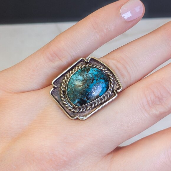 Vintage Sterling Turquoise Cabochon Ring – Southwest Style, Size 4.75 - Picture 1 of 4